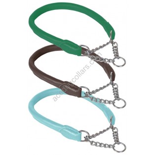 Ace Rolled super SOFT Half Check Leather Dog Collar:  (Green, Brown, Baby Blue) ::: Stainless Steel Chain:::